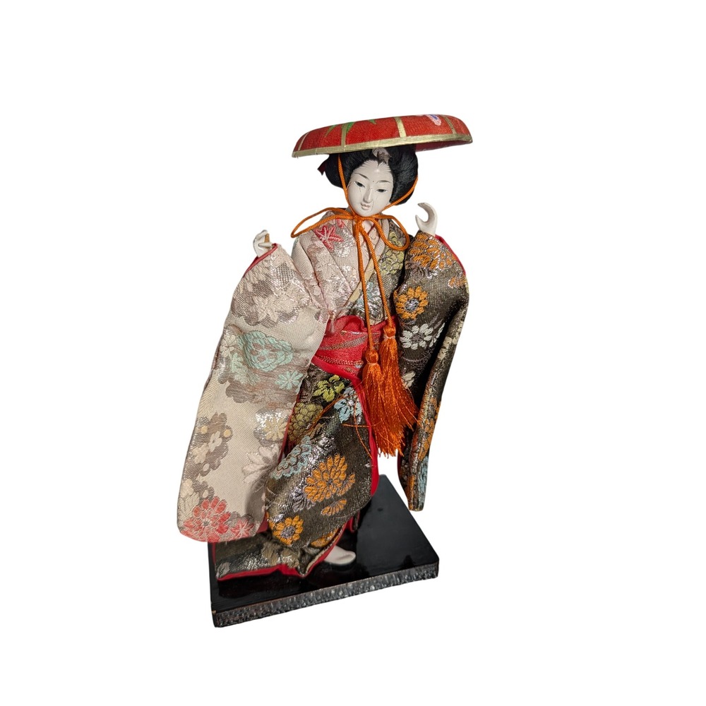 Vintage Japanese Geisha Doll Silk Floral Kimono Hanagasa Hat Black Wood Base